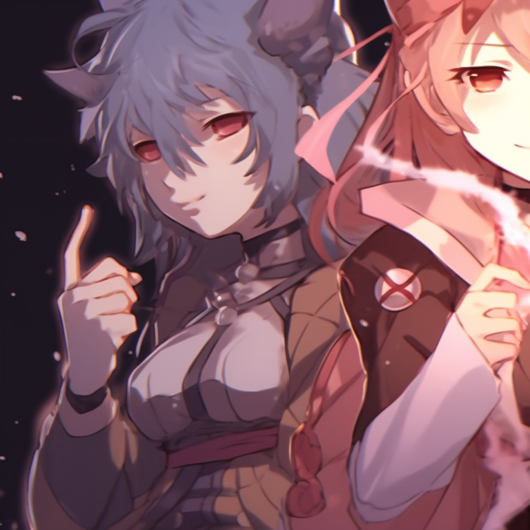 Three characters wielding enchanted weapons, elaborate outfits and magical aura. trio matching pfp for gaming pfp for discord.