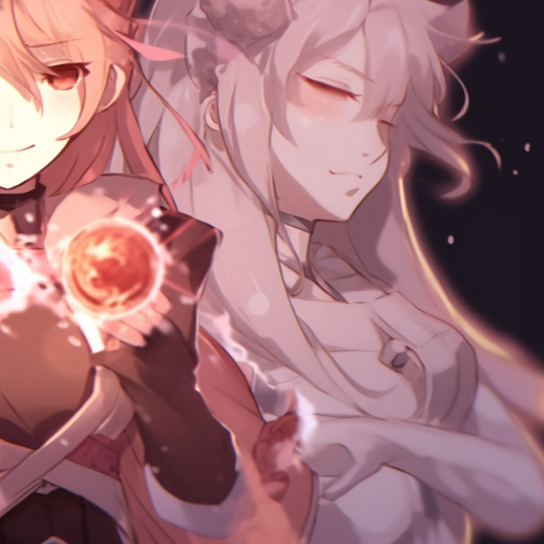 Three characters wielding enchanted weapons, elaborate outfits and magical aura. trio matching pfp for gaming pfp for discord.