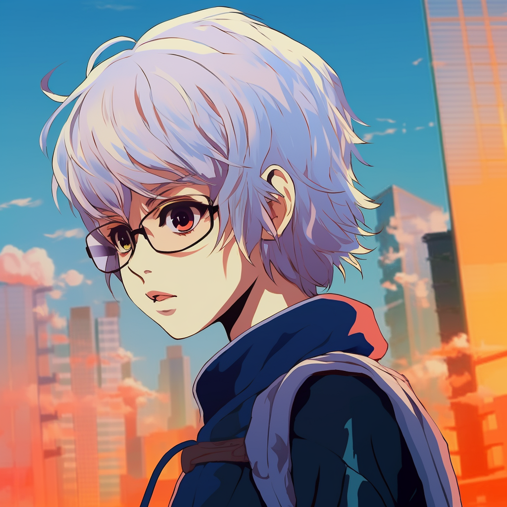 Profile of an anime character with a detailed cityscape reflection in her glasses, featuring vibrant hues. vibrant anime pfp cool pfp for discord.