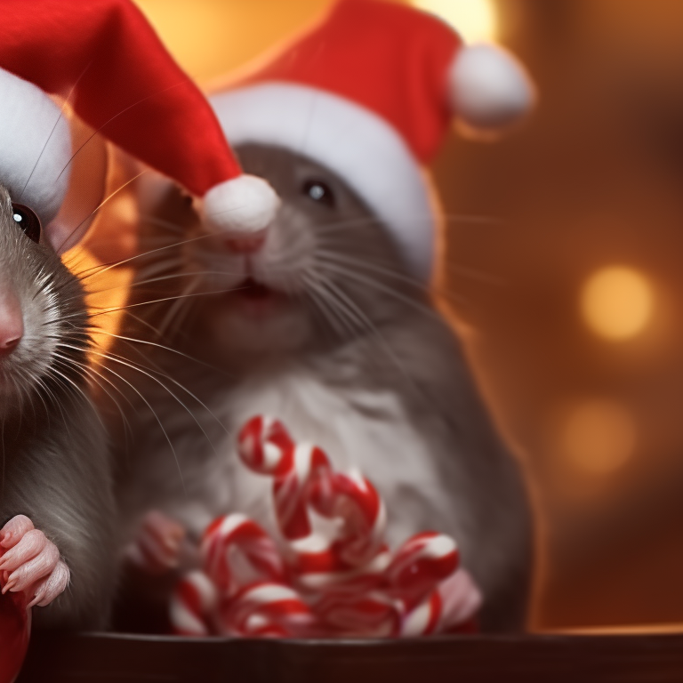 Two rat characters sharing a candy cane, heavy festive details and warm colors. jolly rat matching christmas pfp pfp for discord.