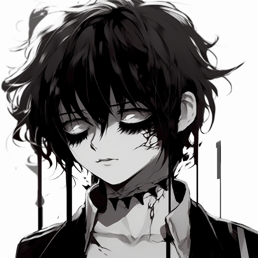 Black and white emo anime profile, focusing on the intricate hairstyle and intense, serious expression. black and white emo anime pfp