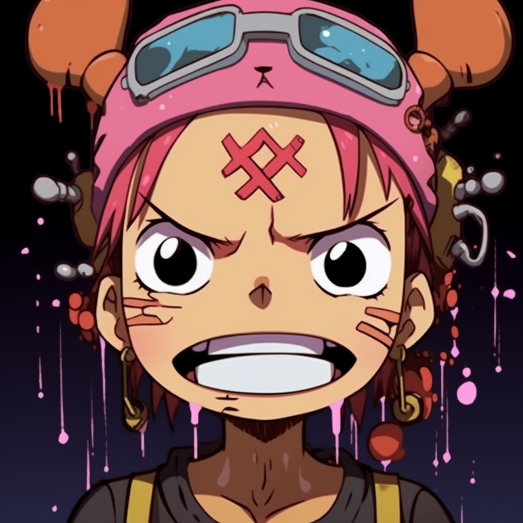 Chopper from One Piece with a silly expression, vibrant colors with a balance of soft and bold lines. matched sets of funny anime pfps
