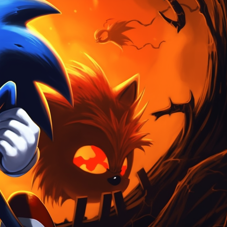 Sonic and Tails transformed into monstrous creatures, highlights of bold, dark hues and sharp, eerie details. spooky sonic and tails matching pfp pfp for discord.