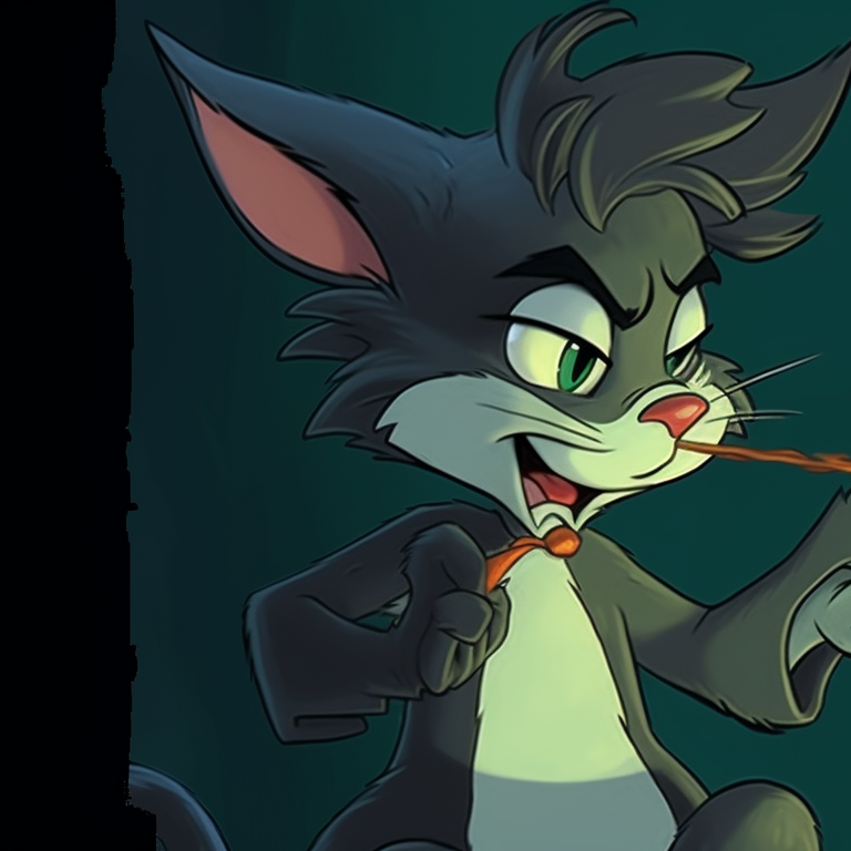 Tom stirring a witch's brew, with Jerry clinging to the edge of the pot, in bright, flat colors. tom and jerry matching pfp halloween theme inspiration pfp for discord.