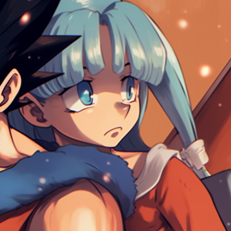 Bulma and Vegeta in a snow-filled scene, blended textures and white saturation. christmas dragonball lovers bulma and vegeta matching pfp pfp for discord.