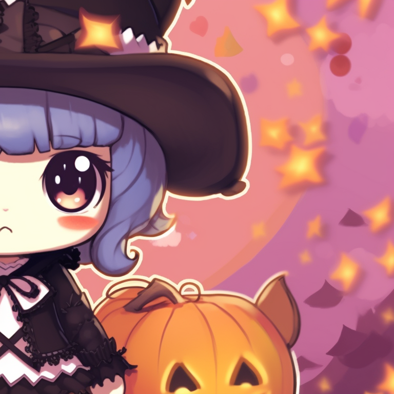 Melody and Kuromi in pumpkin outfits, bright Halloween colors and playful expressions. halloween themed melody and kuromi matching pfps pfp for discord.