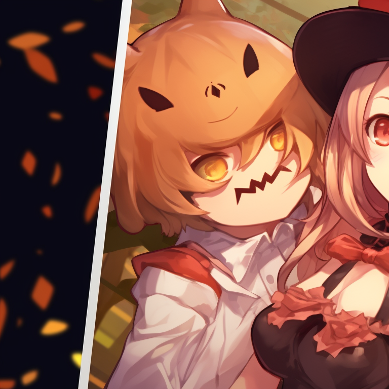 Two characters, dark lighting and eerie aura, pumpkin in the background. my dress up darling matching pfp halloween decorations pfp for discord.