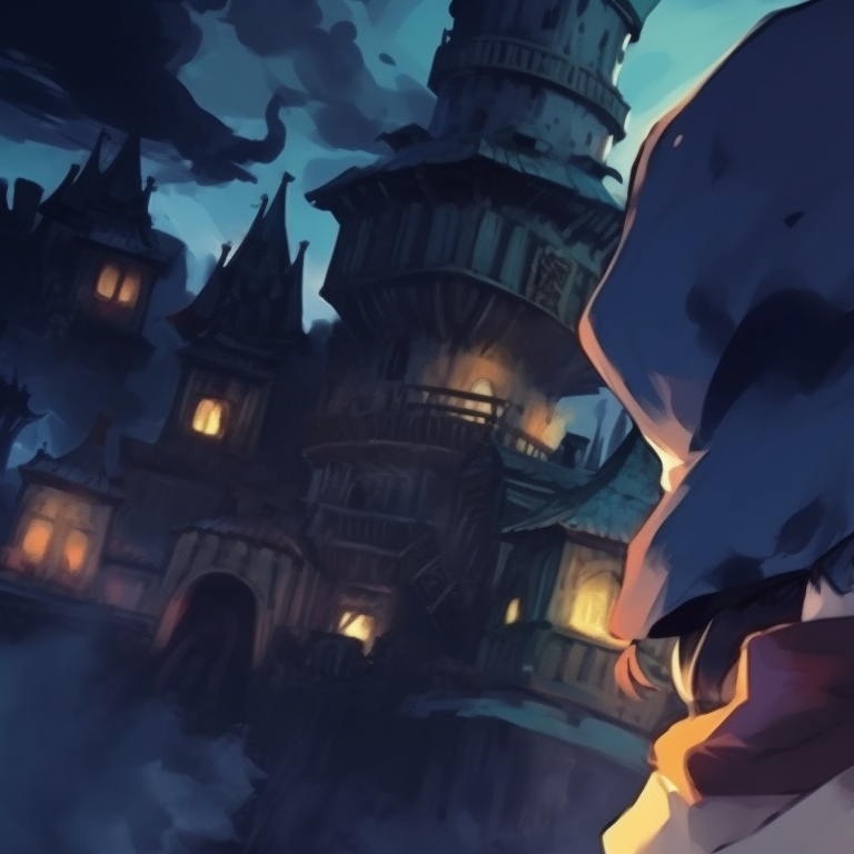Howl and Sophie's silhouettes against a moonlit sky, a spooky landscape in the backdrop. howl's moving castle halloween matching pfp ideas pfp for discord.