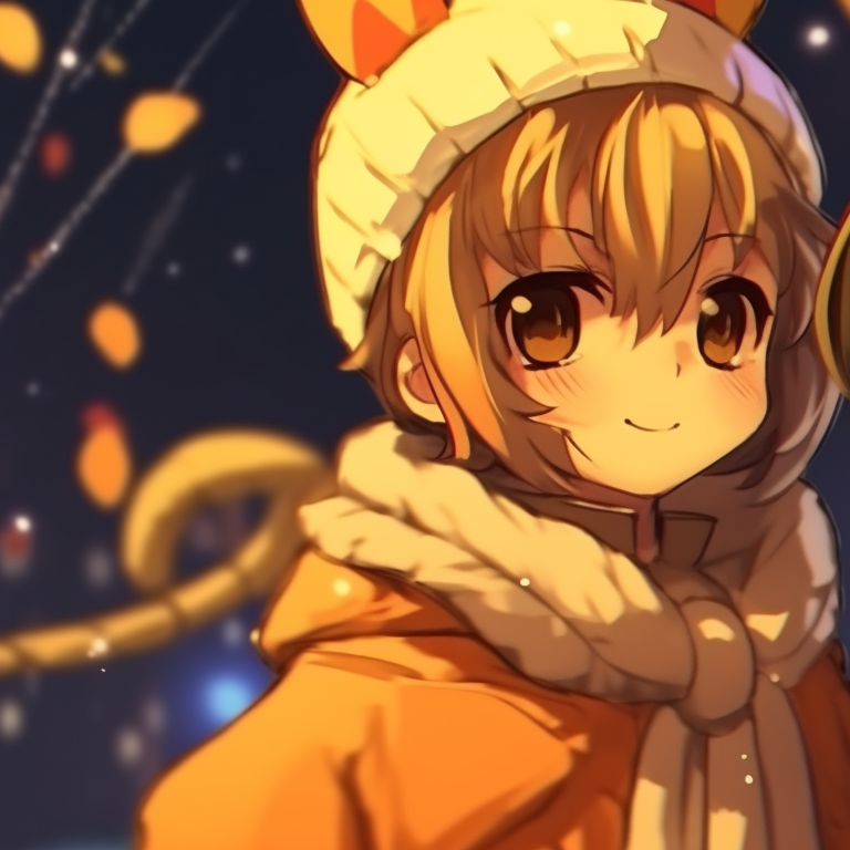 Two characters in Santa hats, medium close-up with soft linework and radiant orange background. inspiring orange matching pfp for christmas pfp for discord.