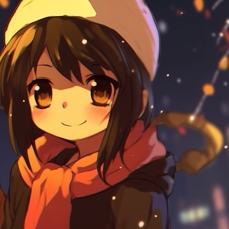 Two characters in Santa hats, medium close-up with soft linework and radiant orange background. inspiring orange matching pfp for christmas pfp for discord.