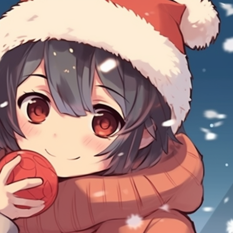 Two characters under a snowy tree, serene faces, pastel backdrop and pleasing snow details. festive matching anime christmas pfp pfp for discord.