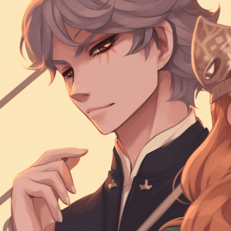 Two characters, looking into each other's eyes, surrounded by falling gold leaves. Pastel background. exquisite golden pfp discord items pfp for discord.