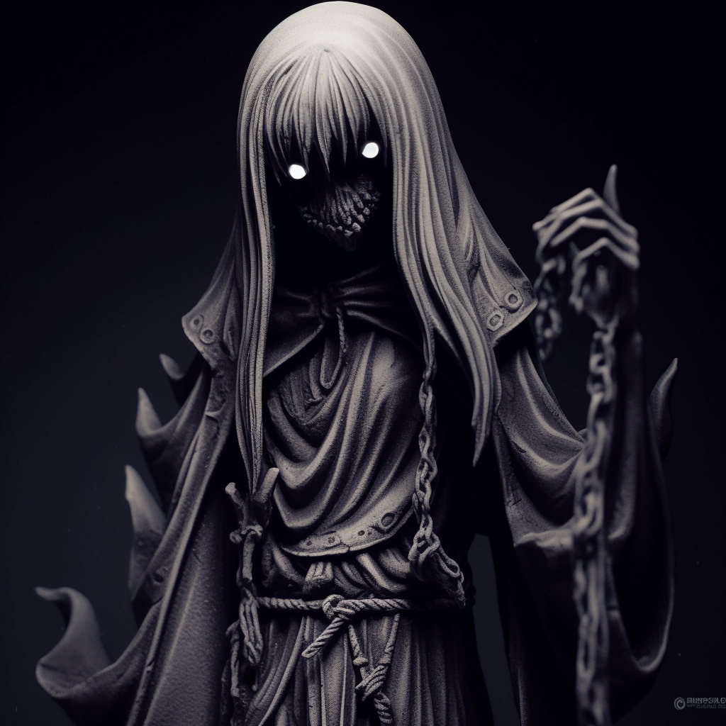 A chilling Grim Reaper anime figure, detailed skeletal features with dark overtones. conceptual ideas for scary anime pfp pfp for discord.