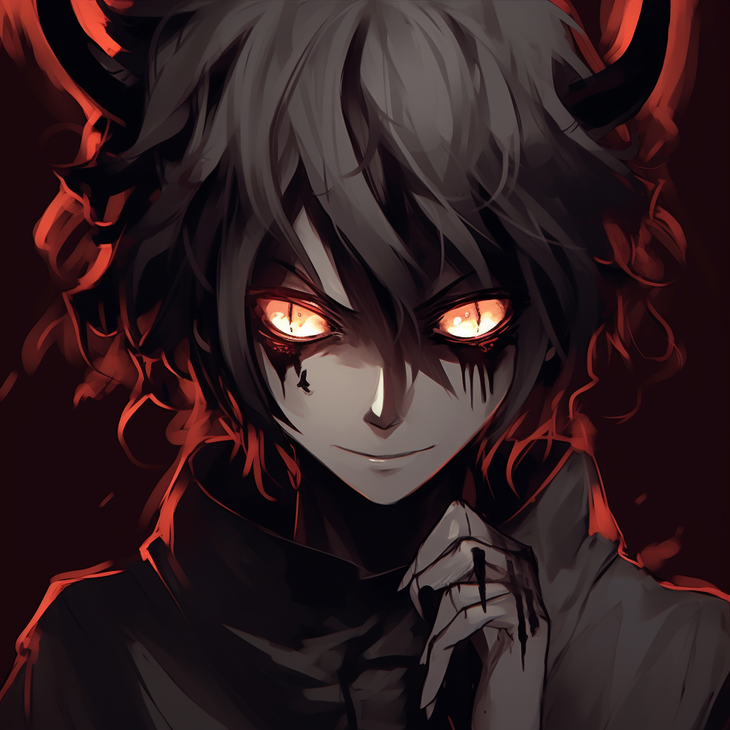 Demon enveloped in a dark aura, muted tones and high energy lines. demonic anime pfp concepts pfp for discord.