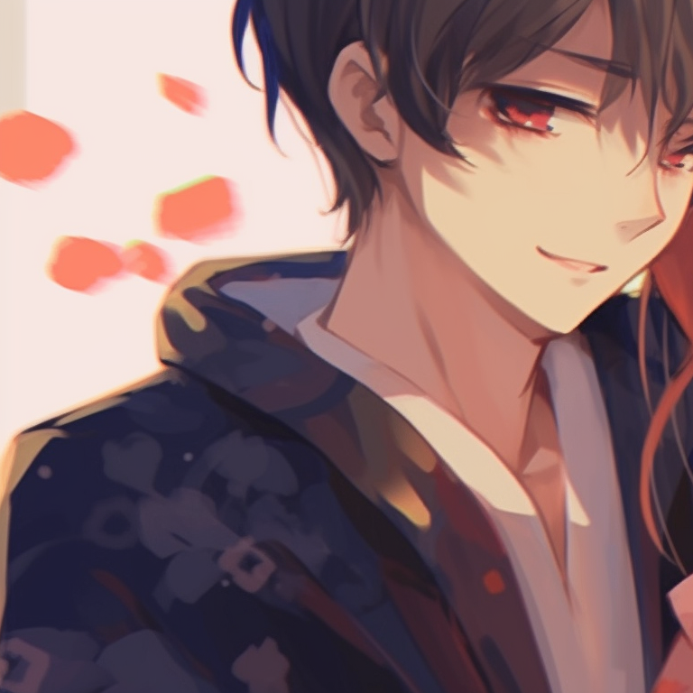 Two characters in traditional kimonos, vibrant patterns and gentle colors, standing side by side. aesthetic matching couple pfp pfp for discord.