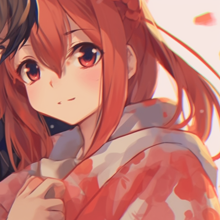 Two characters in traditional kimonos, vibrant patterns and gentle colors, standing side by side. aesthetic matching couple pfp pfp for discord.