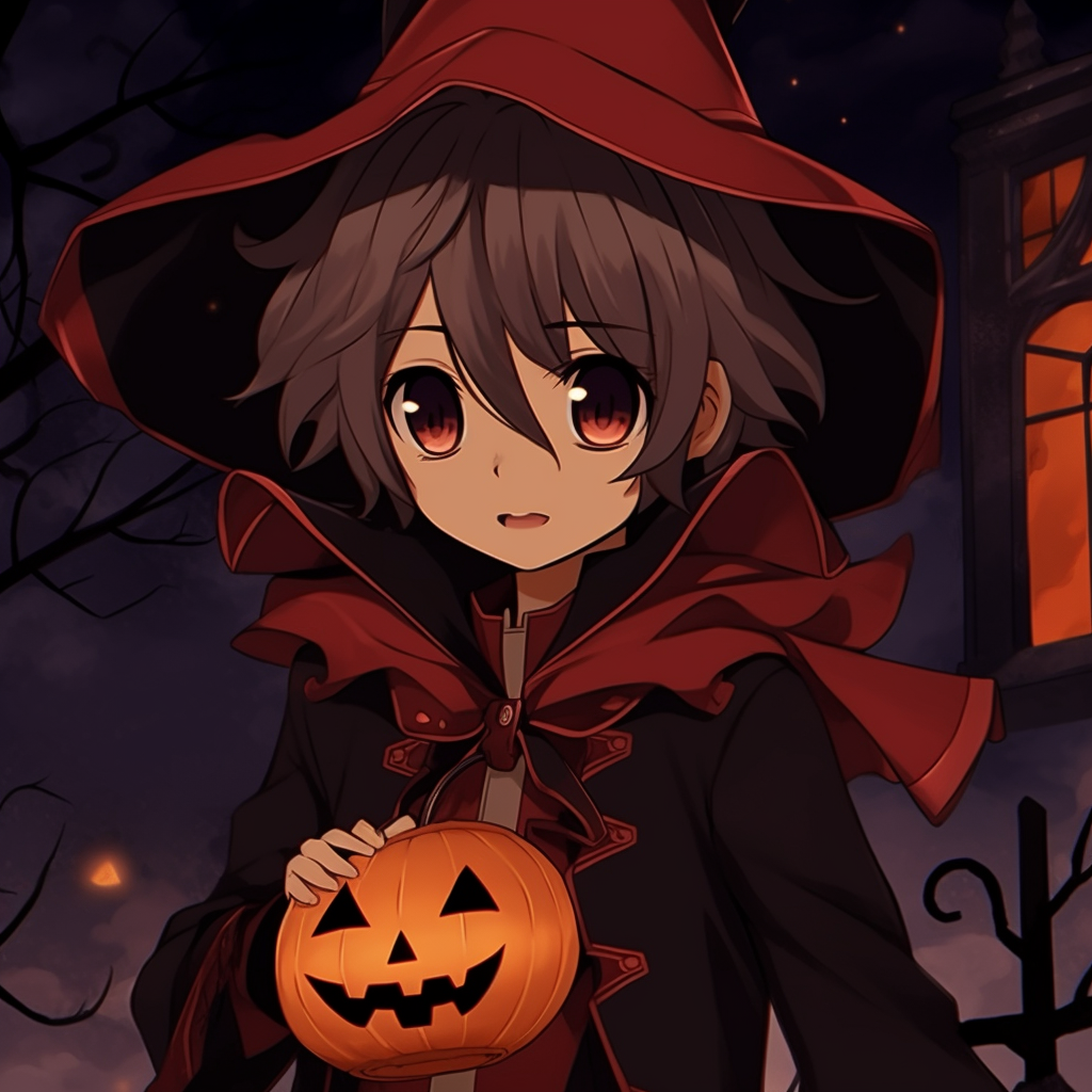 Anime portrait of a vampire boy ready for Halloween, featuring sharp lines and vivid colors. adorable halloween anime pfp