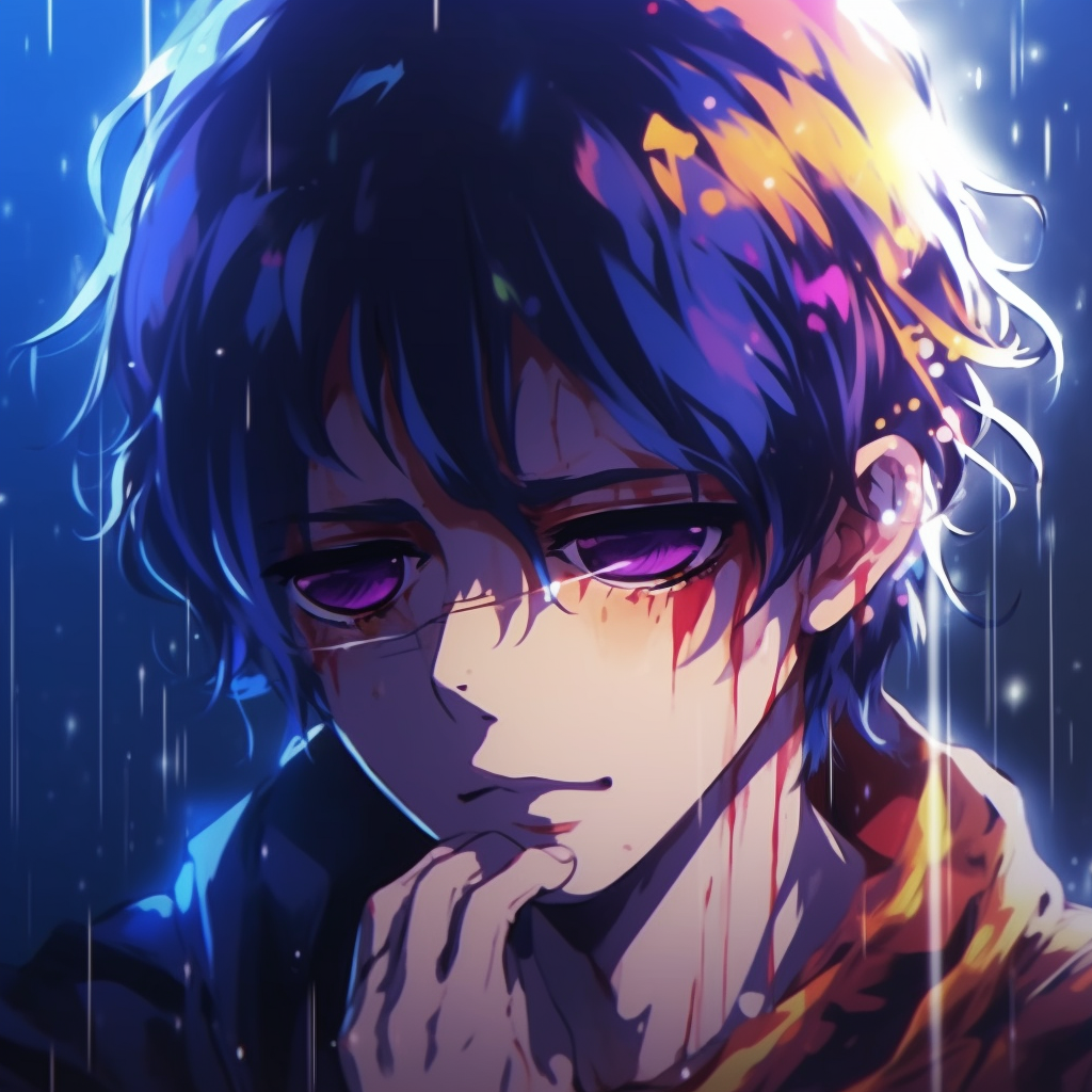 Dynamic scene featuring a deeply emotional male anime character, bold strokes, and vivid colors. crying male anime pfp pfp for discord.