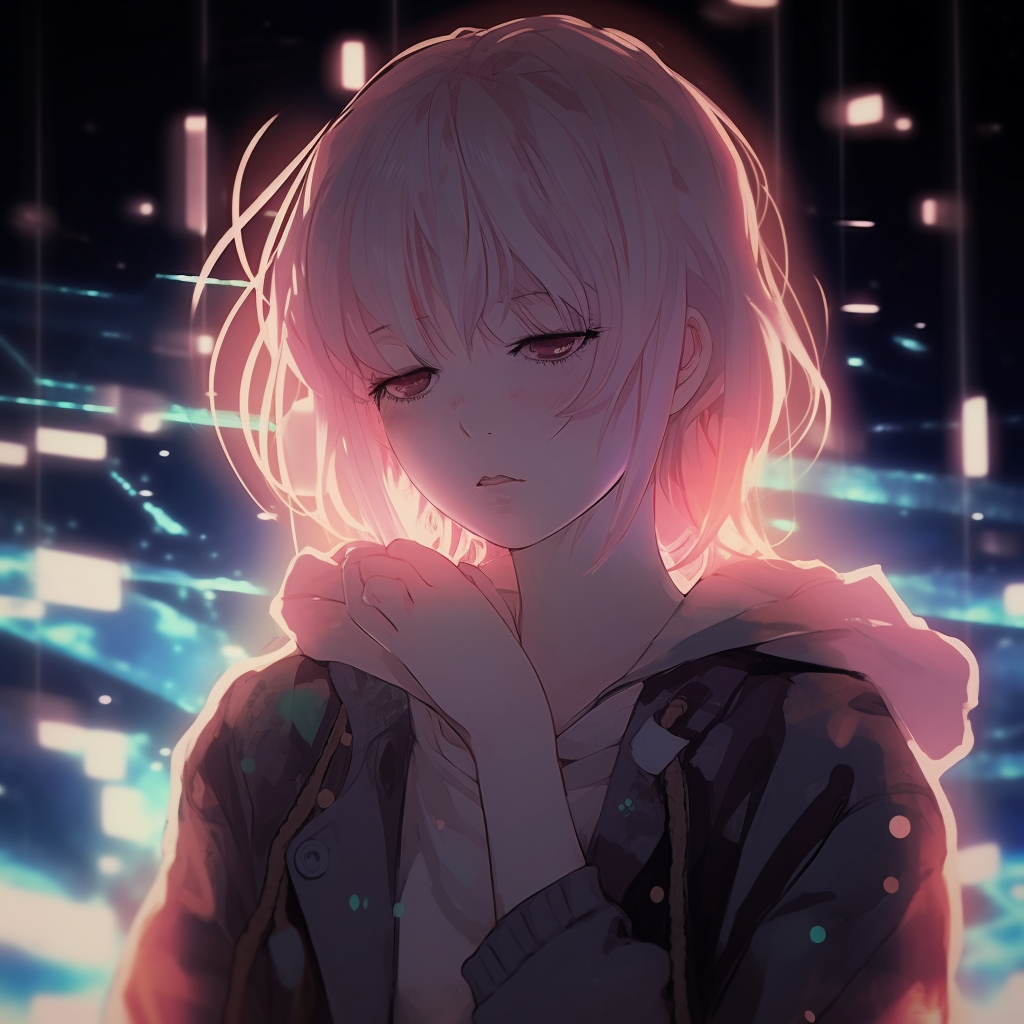 Anime girl bathed in ethereal neon lights, featuring high contrast and a blend of cool colors. creative anime aesthetic pfp ideas