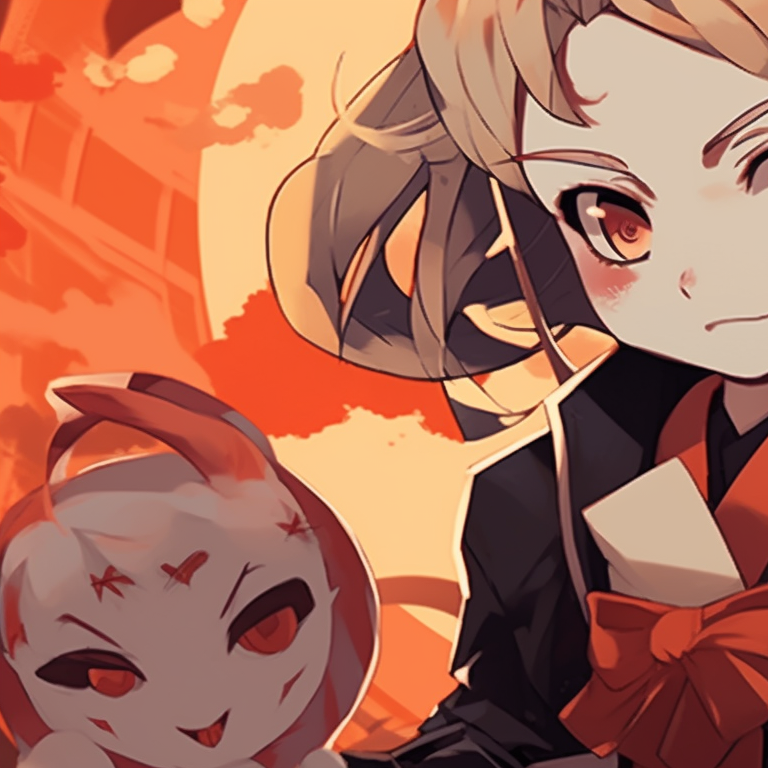 A calm Zenitsu and Nezuko, softer lines and warm colors depict their sibling affection. zenitsu and nezuko matching costumes pfp for discord.