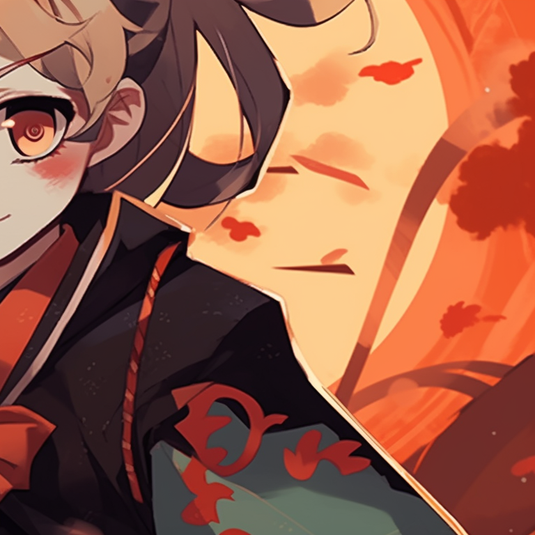 A calm Zenitsu and Nezuko, softer lines and warm colors depict their sibling affection. zenitsu and nezuko matching costumes pfp for discord.
