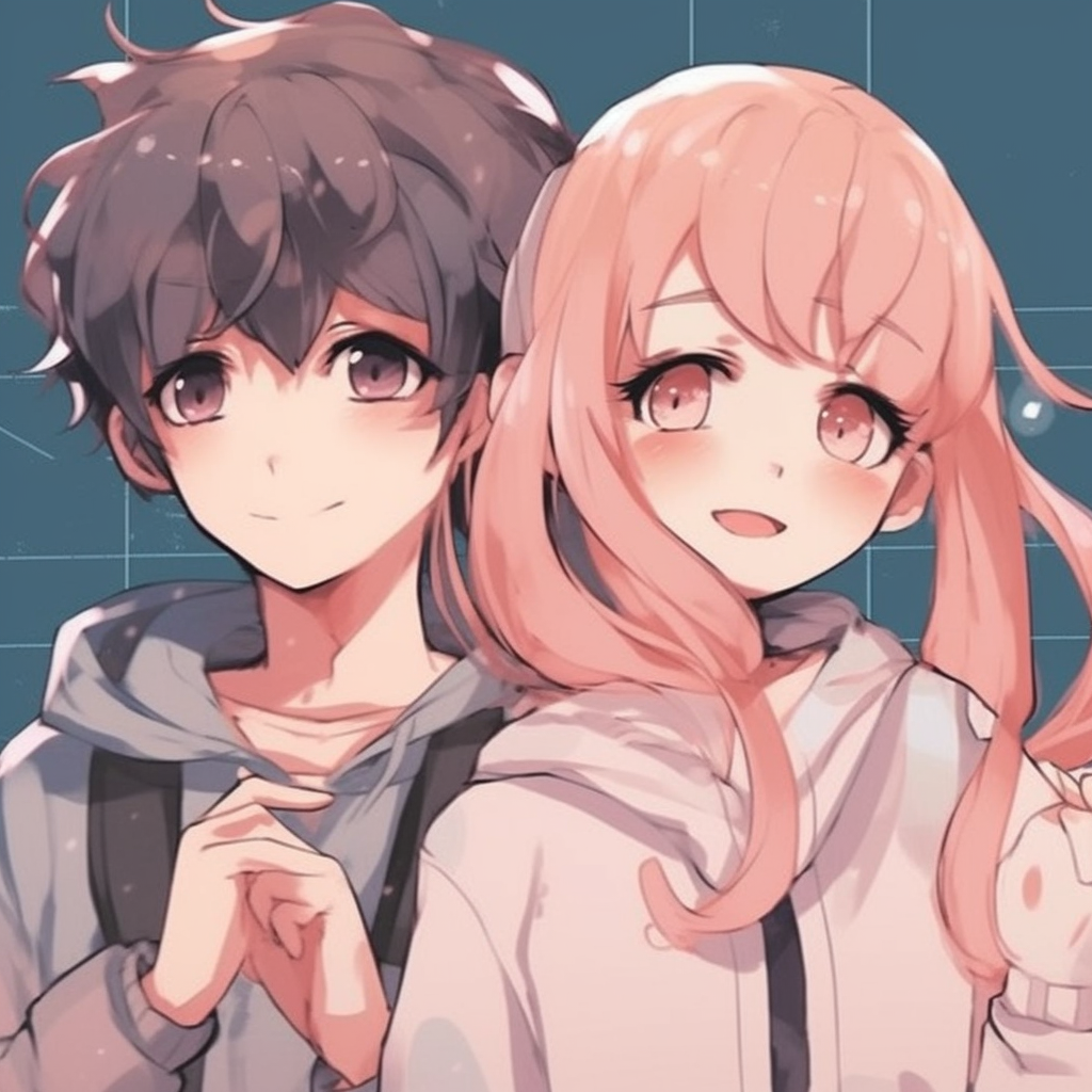 Matching anime profile picture of a guy and girl in friends' theme, vibrant colors and balanced proportions. friends anime matching pfp: boy and girl
