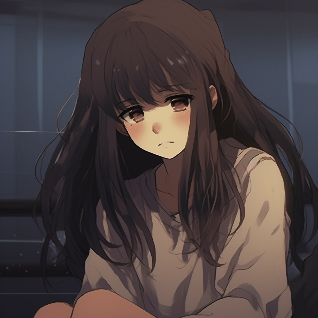 Detailed image of an anime girl sitting alone, with soft shading and delicate lines. depressed anime girl pfp collection pfp for discord.