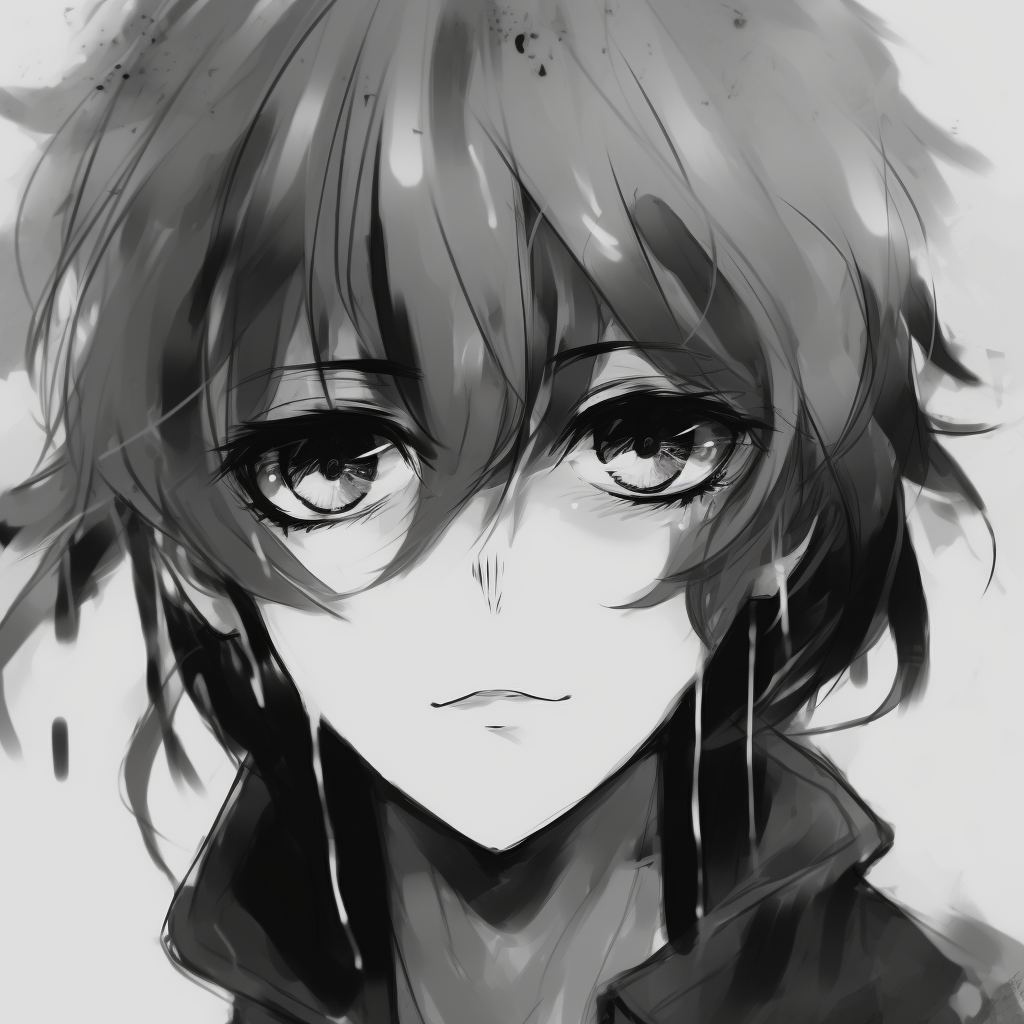 Boy character with his gaze downwards, hinting at deep thoughts. black and white anime boy profile picture