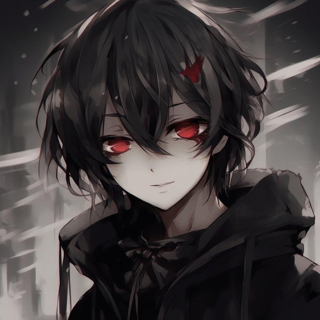 Anime boy with gothic style, red eyes and raven black hair, high contrast colors. ultimate gothic anime boy pfp