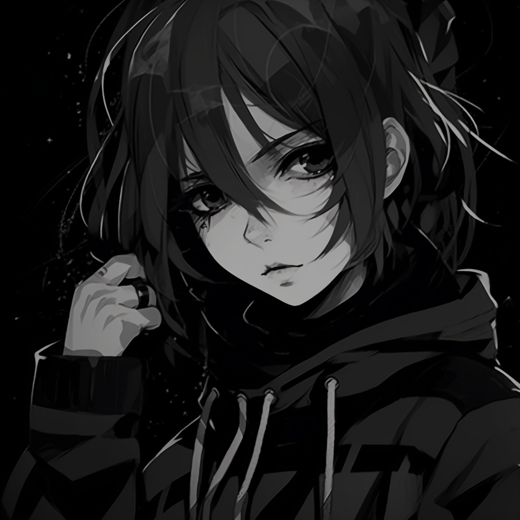 Anime character depicted in a noir style, using a monochrome palette and high shadows. dark themed aesthetic anime pfp
