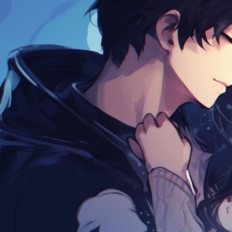 A sunrise setting backdrop for a couple about to embrace, cool blue and warm orange palettes indicate the dawn of a new day. aesthetic matching pfp for bf and gf pfp for discord.