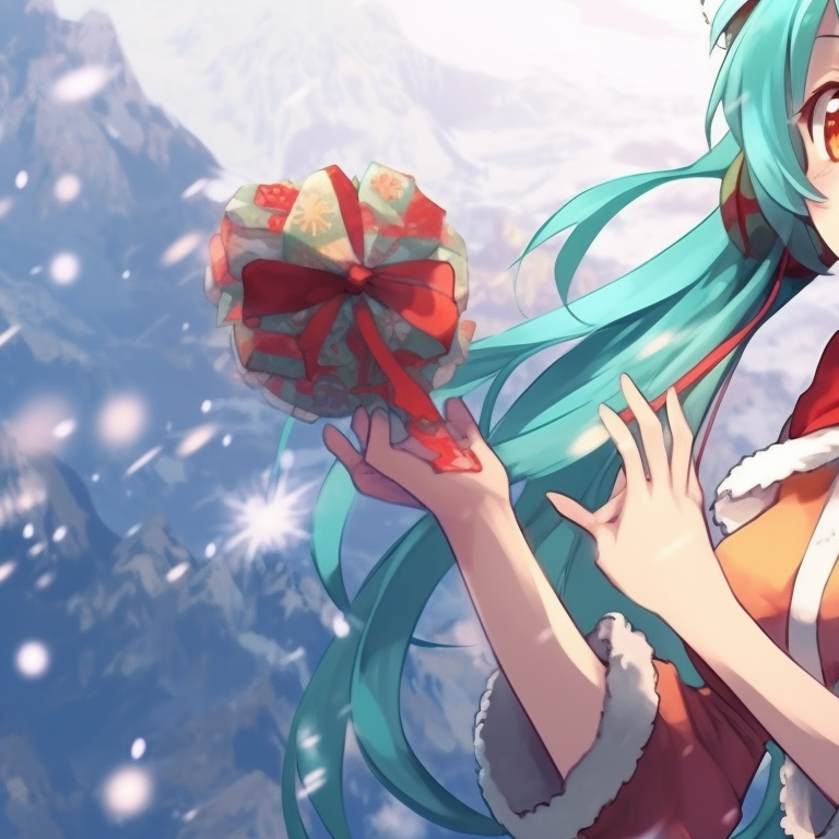 Hatsune Miku and her mirror image, both clothed in textured Santa outfits, intertwined pigtails, and gleaming turquoise eyes. anime theme: matching christmas hatsune miku pfp pfp for discord.