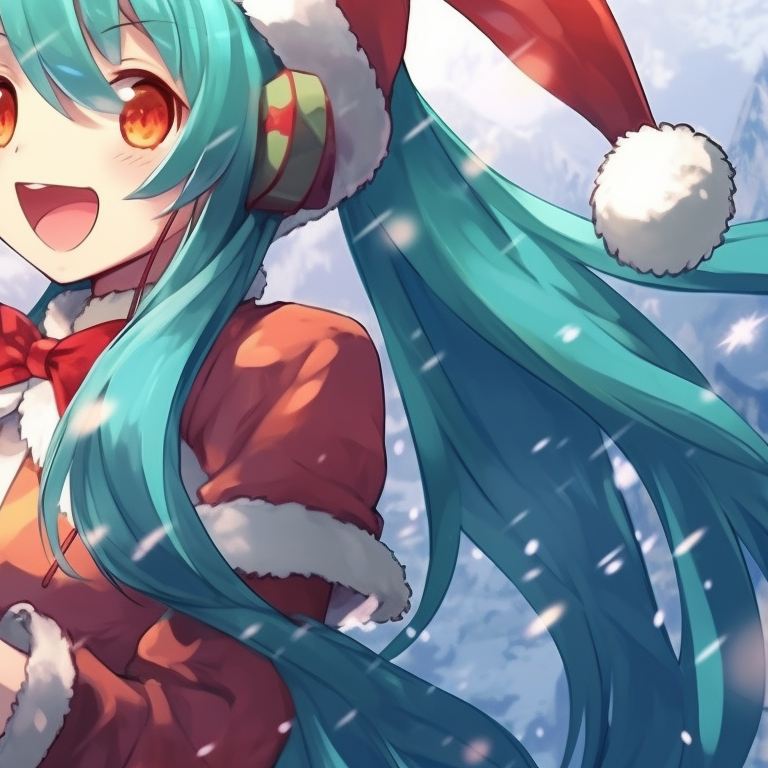 Hatsune Miku and her mirror image, both clothed in textured Santa outfits, intertwined pigtails, and gleaming turquoise eyes. anime theme: matching christmas hatsune miku pfp pfp for discord.