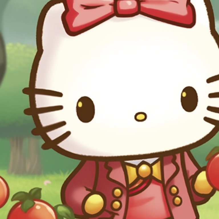 Hello Kitty and a friend under an apple tree, both have a bright red apple, vivid colors and cute style. hello kitty and friends matching pfp pfp for discord.