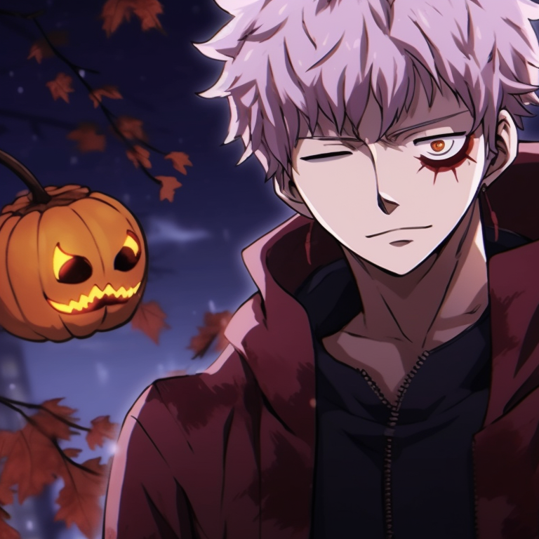 Two characters in action poses with Halloween props, strong lines and bright coloring. jujutsu kaisen halloween pfp themes pfp for discord.