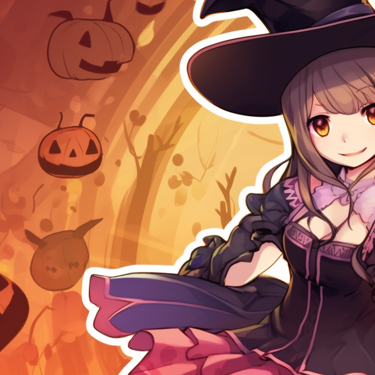 Two characters in Halloween outfits, bold outlines and vivid fall colors. my dress up darling matching pfp halloween decorations pfp for discord.