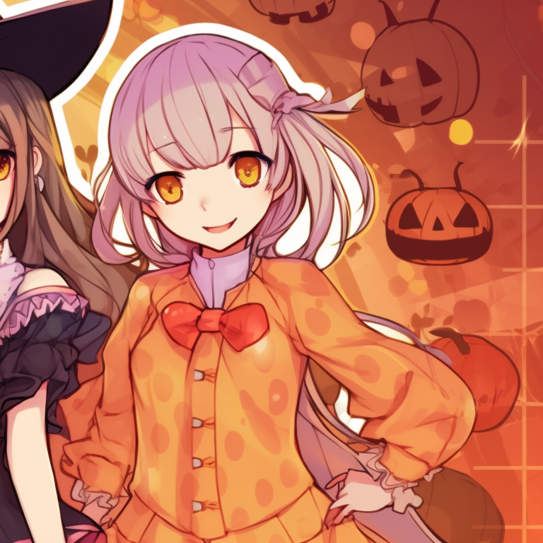 Two characters in Halloween outfits, bold outlines and vivid fall colors. my dress up darling matching pfp halloween decorations pfp for discord.