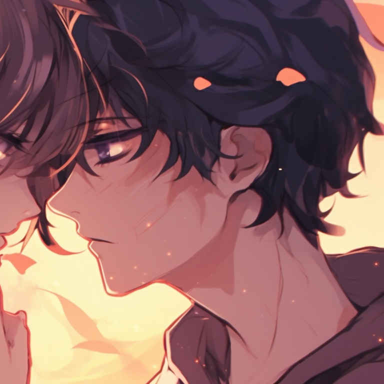 Two characters set against a sunset backdrop, warm hues and sparkles in the eyes, looking at each other. unique matching anime pfp for couples pfp for discord.