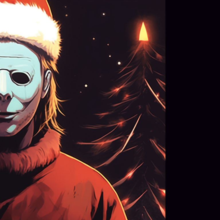 Michael Myers and a glowing Jack-o-lantern wrapped in Christmas lights, eerie atmosphere with muted colors. festive michael myers pfp pfp for discord.