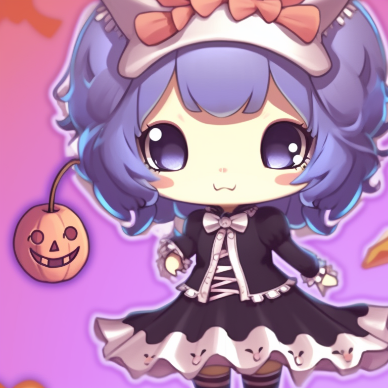 Close-up of the characters' face, densely-detailed with striking contrast. kuromi matching pfp halloween theme outfits pfp for discord.