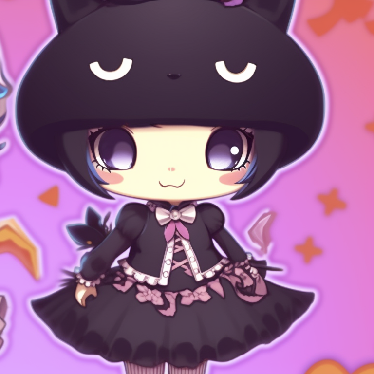 Close-up of the characters' face, densely-detailed with striking contrast. kuromi matching pfp halloween theme outfits pfp for discord.