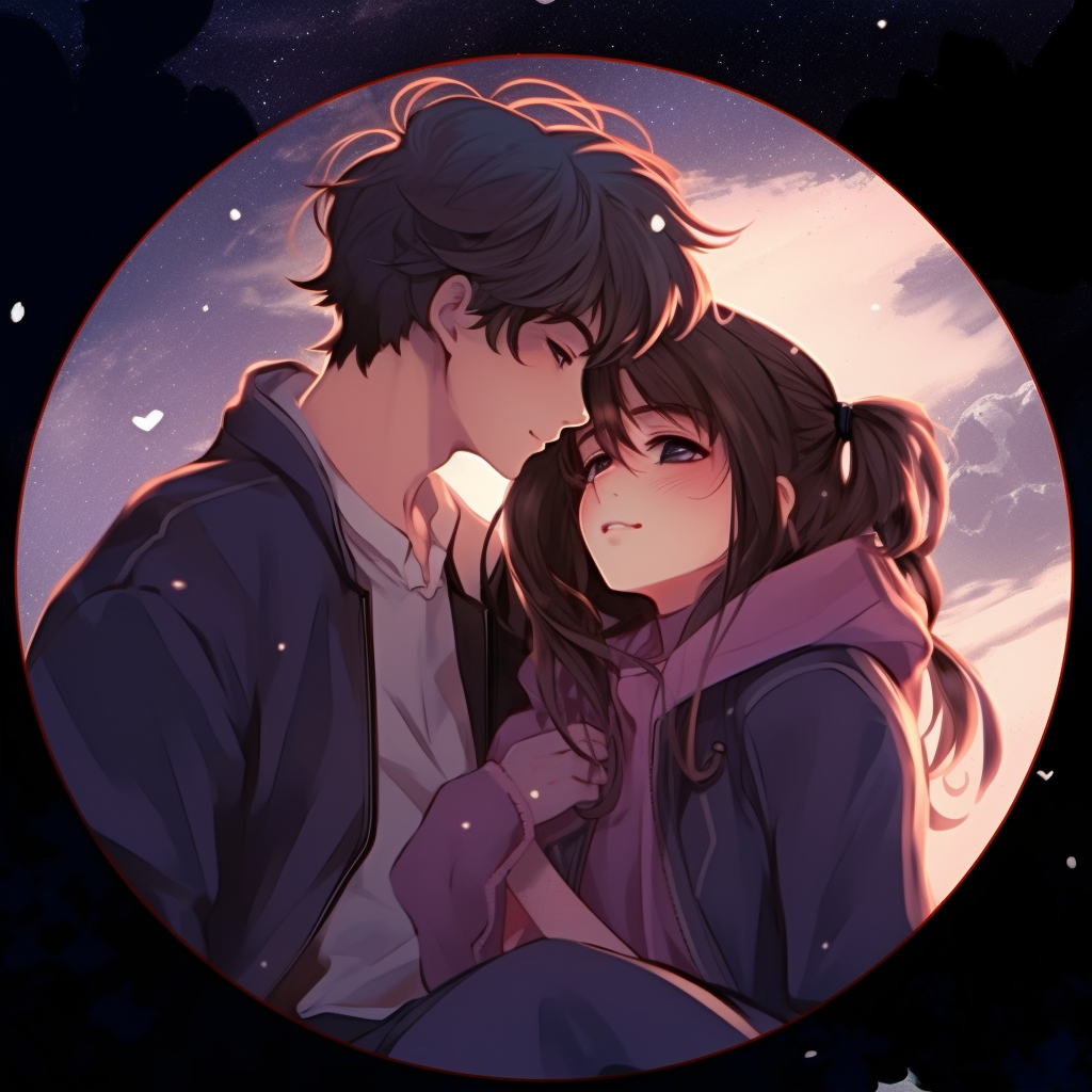 Silhouette of an anime couple against a moonlit backdrop, with stark contrasts and minimalist design. sweet moments in couple anime matching pfp pfp for discord.