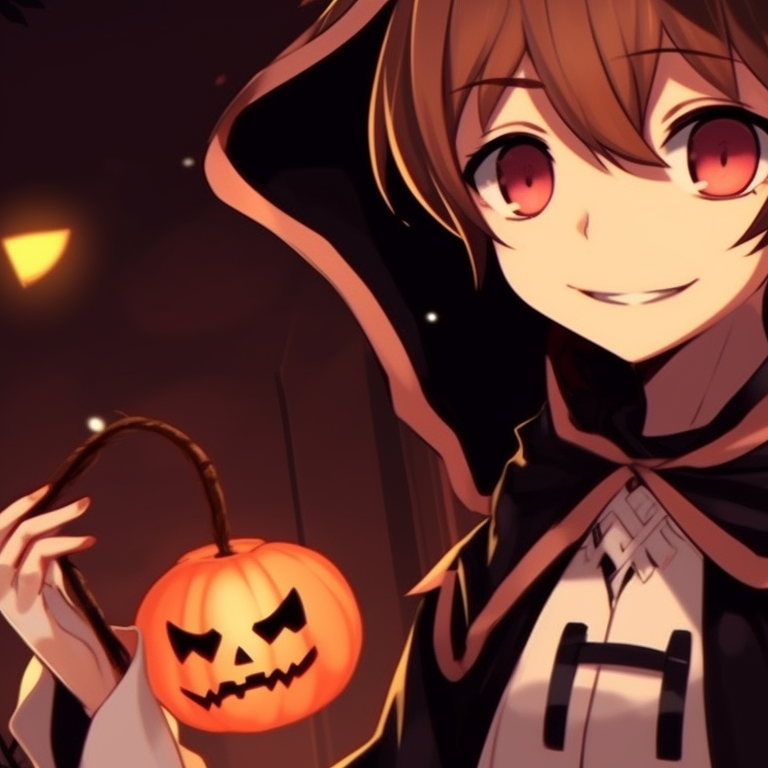 Two anime characters cloaked in Halloween capes, a pumpkin lantern illuminating their endearing faces. aesthetic halloween couple matching pfps pfp for discord.