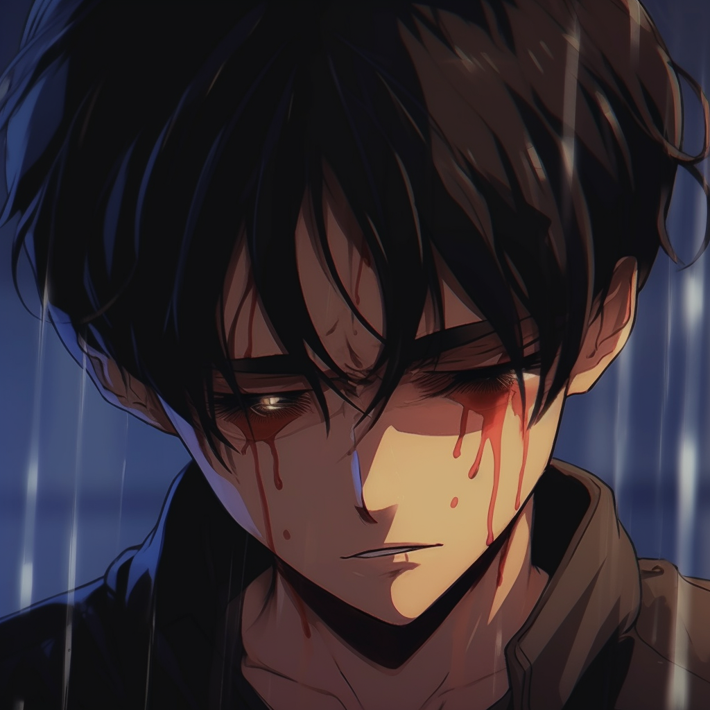 Close shot of Eren Yeager's tears, focus on clear details. anime depressed pfp: male characters pfp for discord.