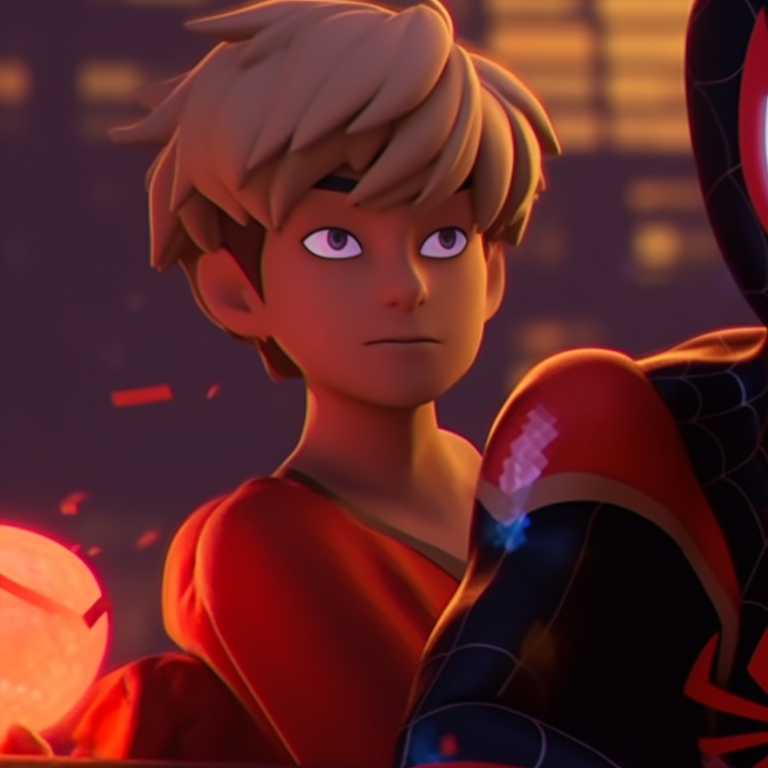 Gwen and Miles with buckets of candies, vibrant color scheme and cheerful expressions. spiderverse gwen and miles matching pfp pfp for discord.