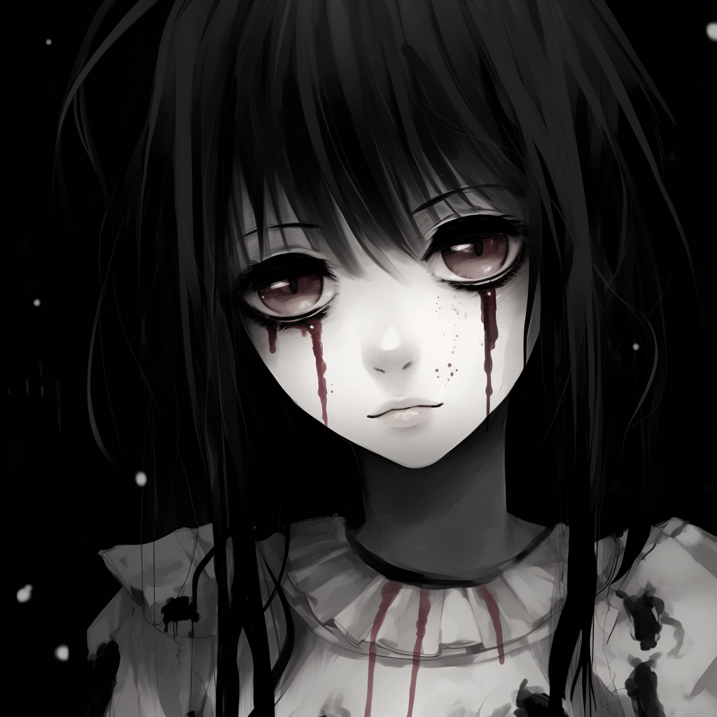 A ghoulish anime girl standing in moonlight, pastel hues with soft gradations portraying a melancholic scenario. conceptual ideas for scary anime pfp pfp for discord.