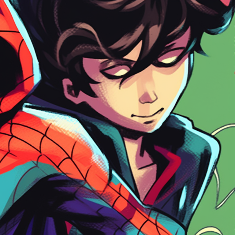 Two spider-man inspired characters swinging through the city, dynamic lines and vivid colors. spider man matching pfp for kids pfp for discord.