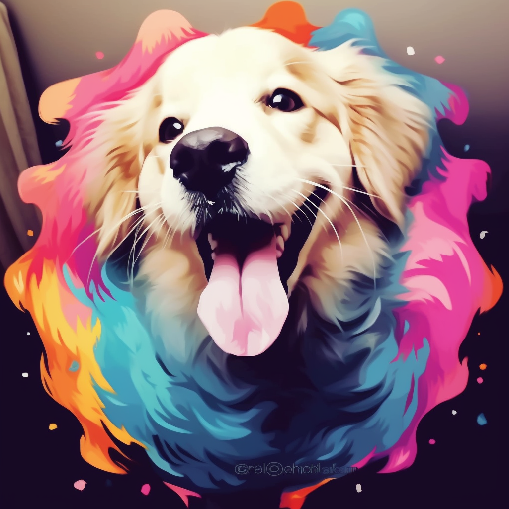 An animated image of a Golden Retriever, features bright colors and playful lines. dog type pfp pfp for discord.