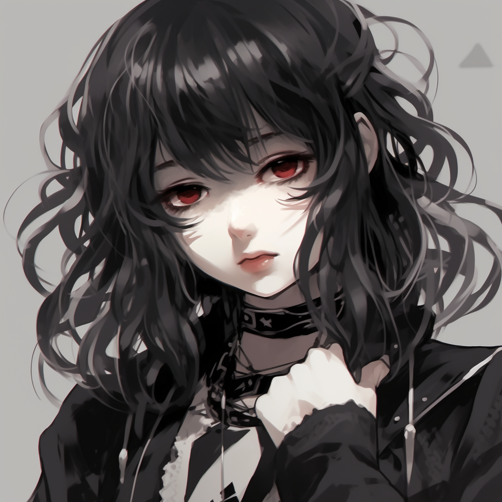 Goth Anime Girl posing with a confident attitude, showcasing intricate outfit details and bold outlines. stylish goth anime girl pfp pfp for discord.