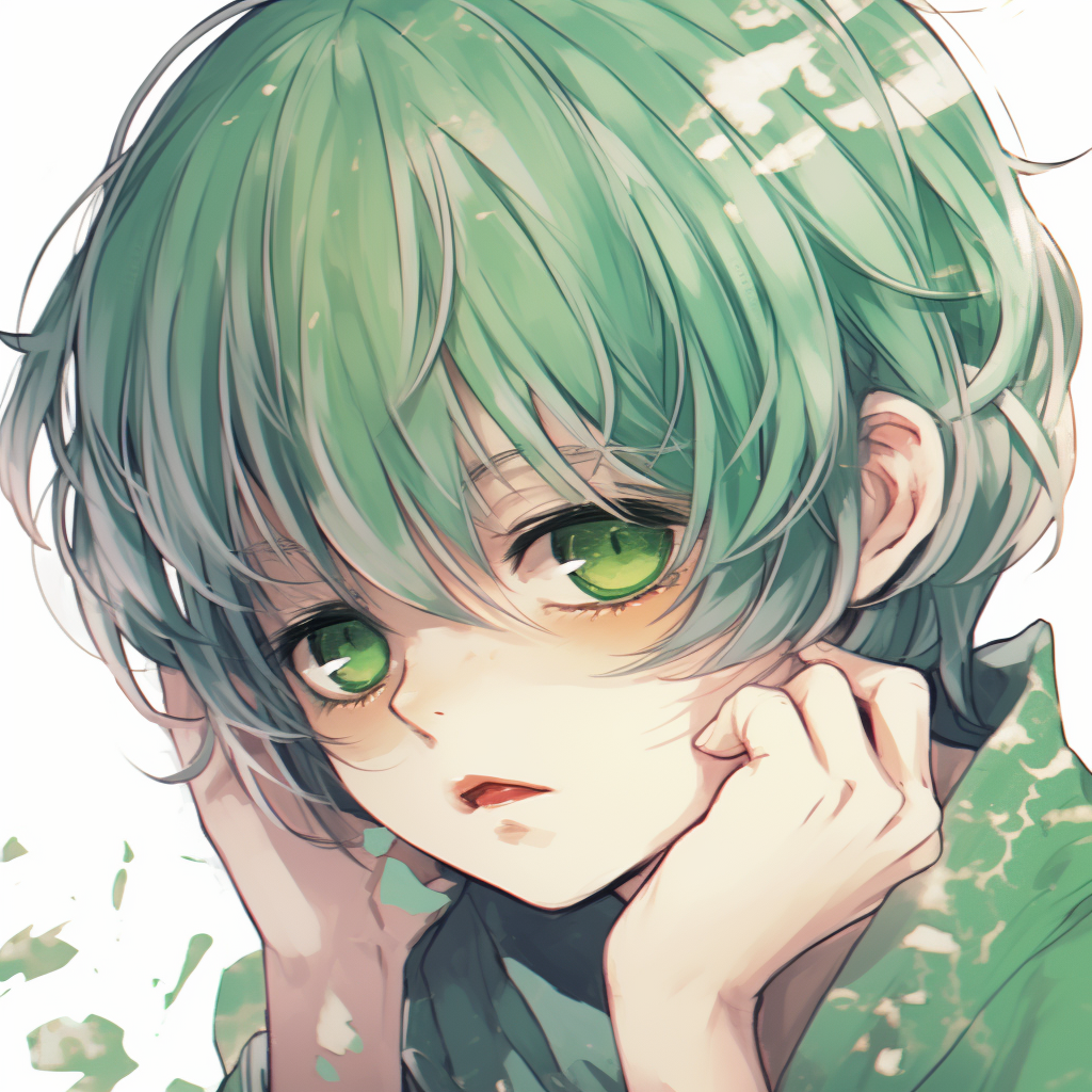 An anime boy with striking emerald green eyes, detailed linework and soft tones. emerald green anime pfp boy